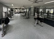 Thumbnail 14 of 31 - a gym with weights machines and a ceiling fan